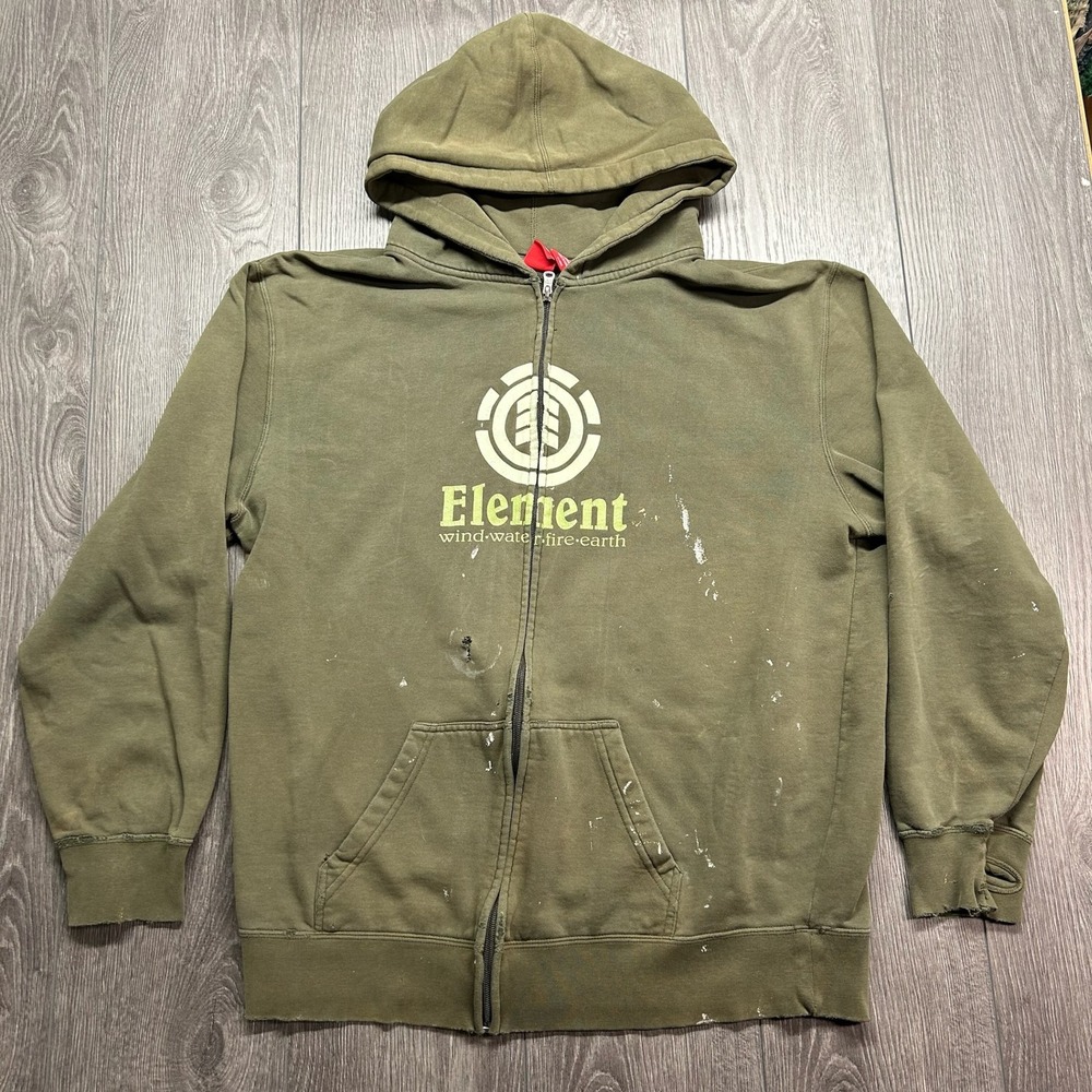 Vintage Element Skateboards Hoodie Mens XL Olive Green Full Zip Y2K Distressed